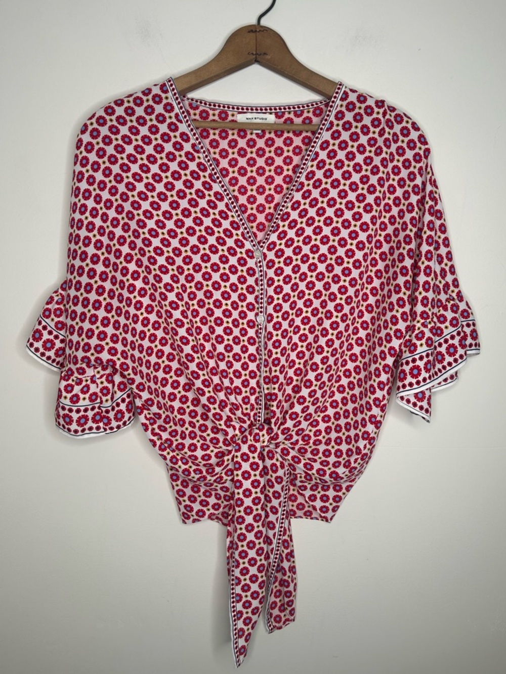 Max Studio Red Print Tie Waist Flowy Sleeve Top Size M